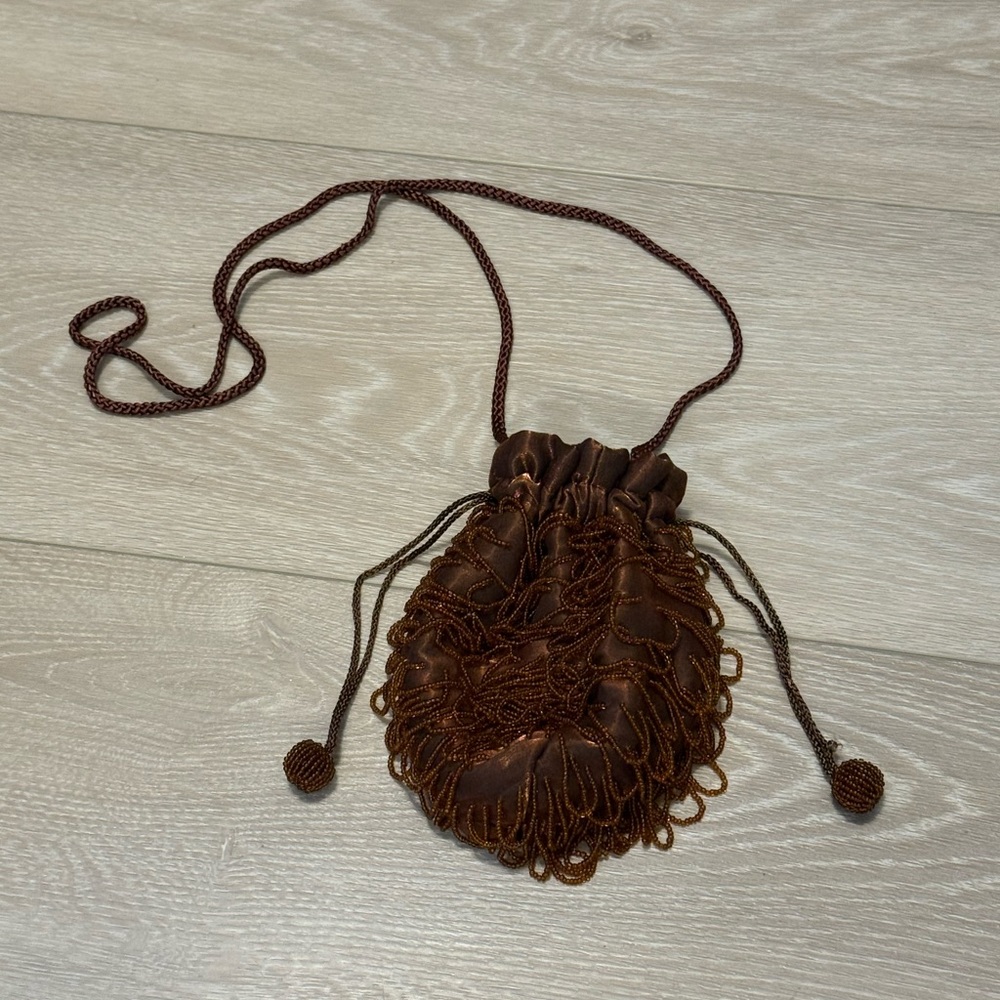 Vintage Brown Beaded Drawstring Evening Pouch